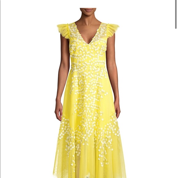 BCBG BCBGMAXAZRIA WOMEN'S EMBROIDERED TULLE RUFFLE DRESS IN AURORA Yellow Gown - Picture 7 of 8